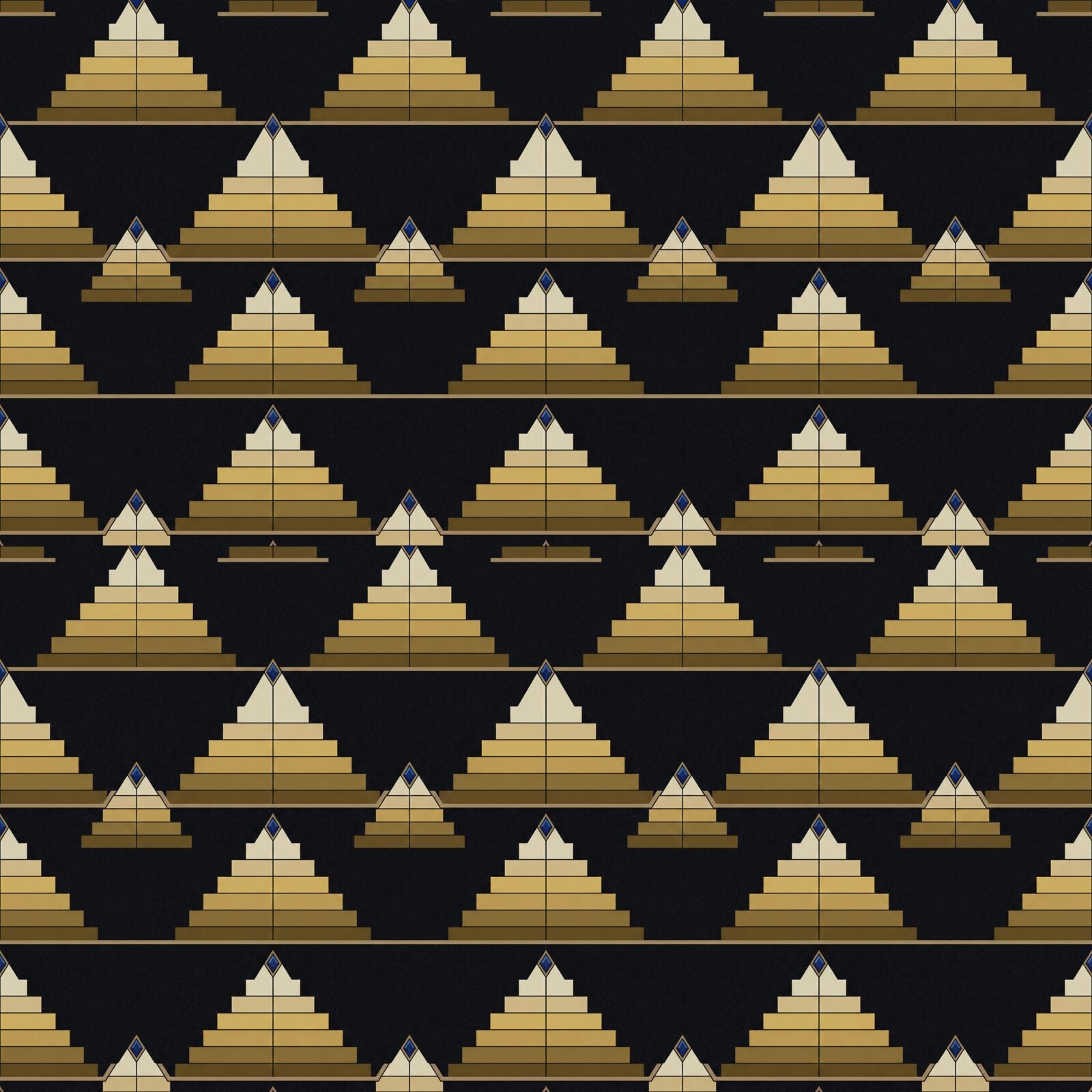 Experience monumental calm with our Stepped Pyramid mural, featuring Pharaoh Black, Sand Gold, and Lapis Blue. Made to order.