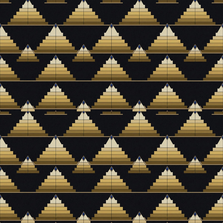 Experience monumental calm with our Stepped Pyramid mural, featuring Pharaoh Black, Sand Gold, and Lapis Blue. Made to order.