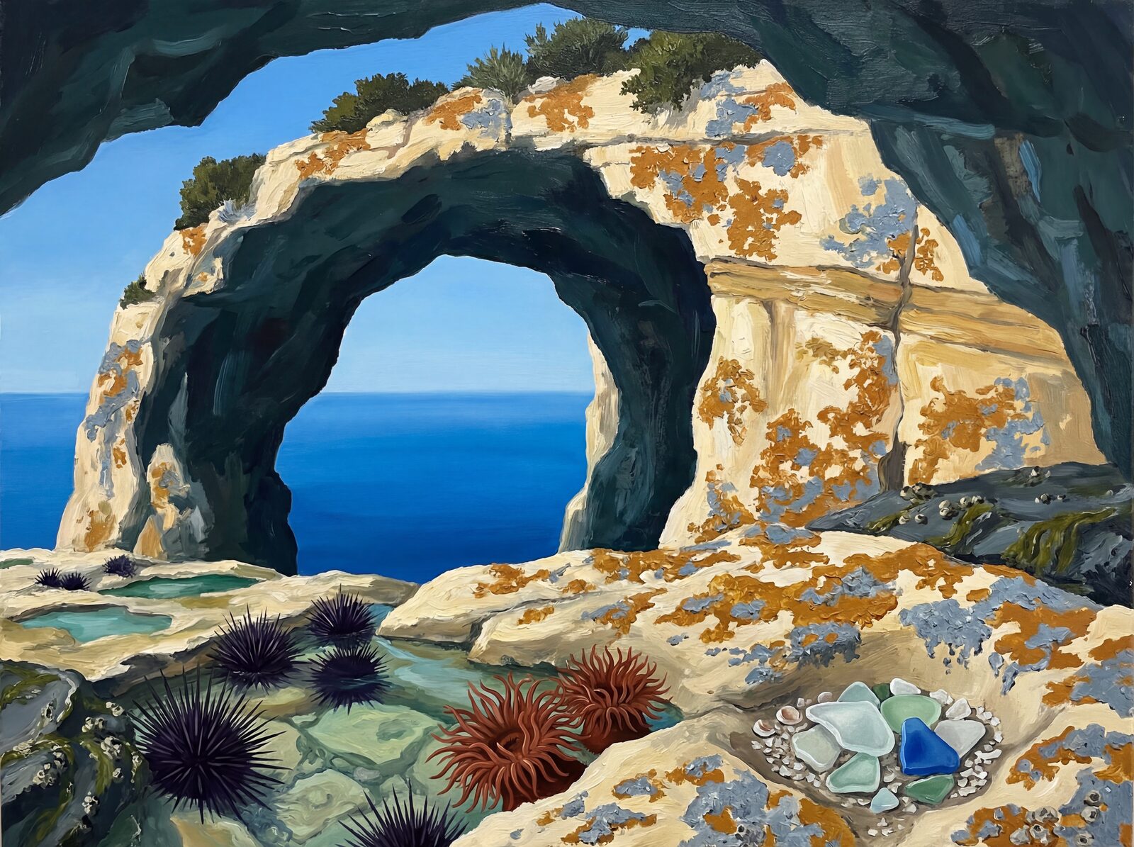 Mural wallpaper featuring a natural stone arch, Limestone Cream, Strata Gold, Wet Rock Dark. Made to order.