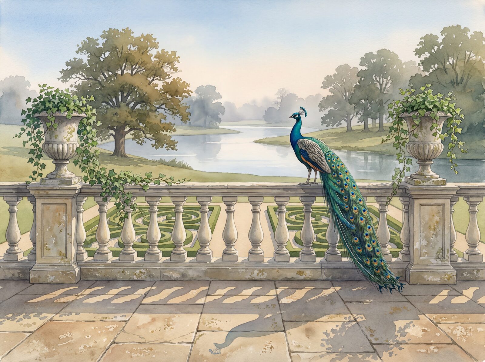 Scenic mural wallpaper featuring a stone balustrade, parkland, and lake in Portland Stone, Parkland Green, and Sky English hues. Made to order.
