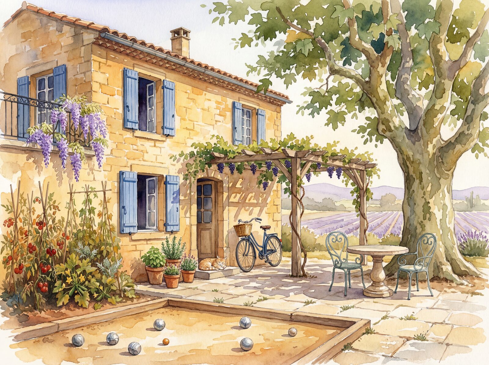 Scenic mural wallpaper in Golden Stone, Shutter Blue, and Terracotta. Made to order.