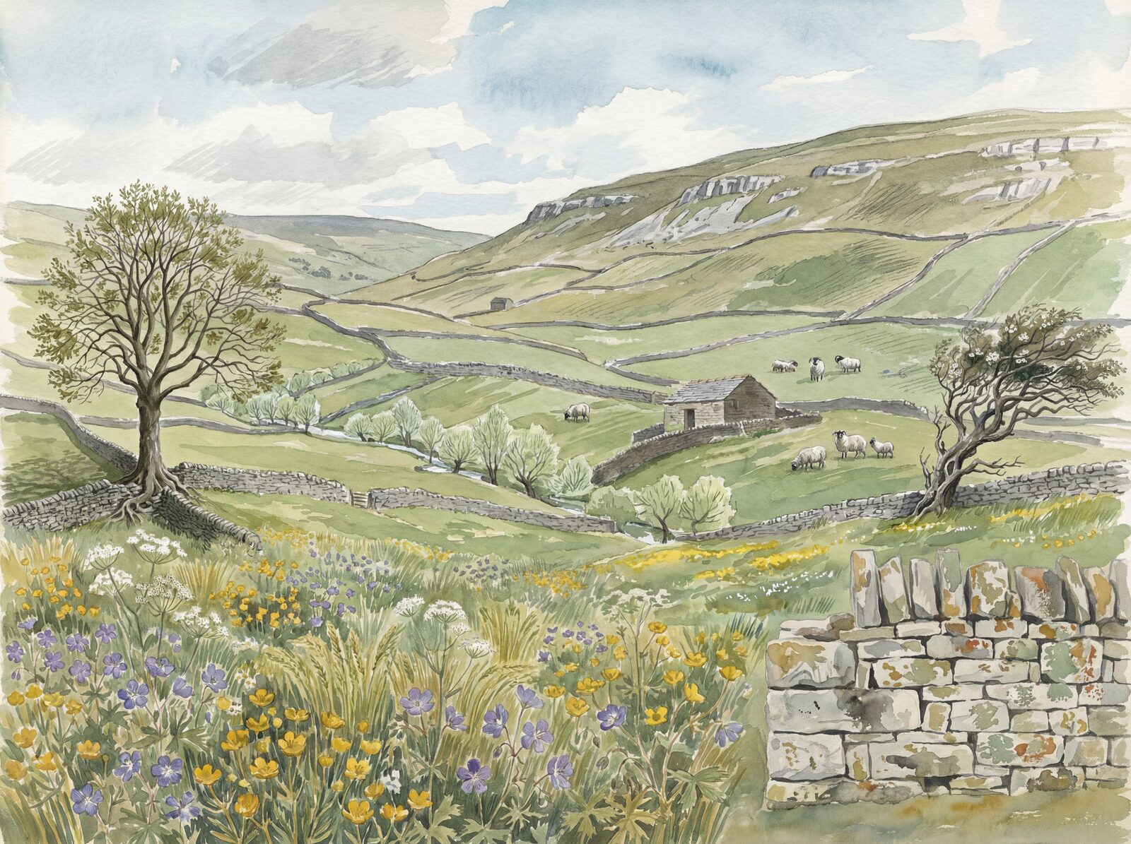 Scenic mural wallpaper with Meadow Green, Wall Pale, and Lichen Gold hues. Made to order.