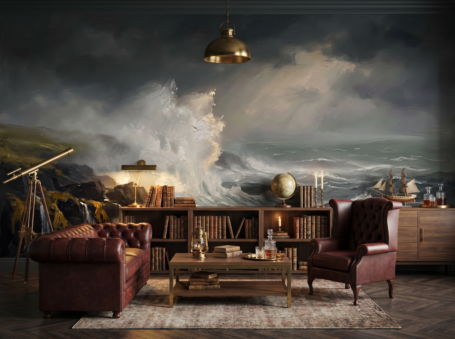 Stormy Sea scenic wallpaper mural on the feature wall of a coastal living room, in a soft grey palette — The Wall Shawl.
