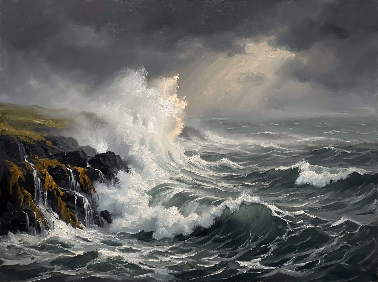 Immersive coastal mural with dark grey-green, near black-green, and brilliant white palette. Made to order.