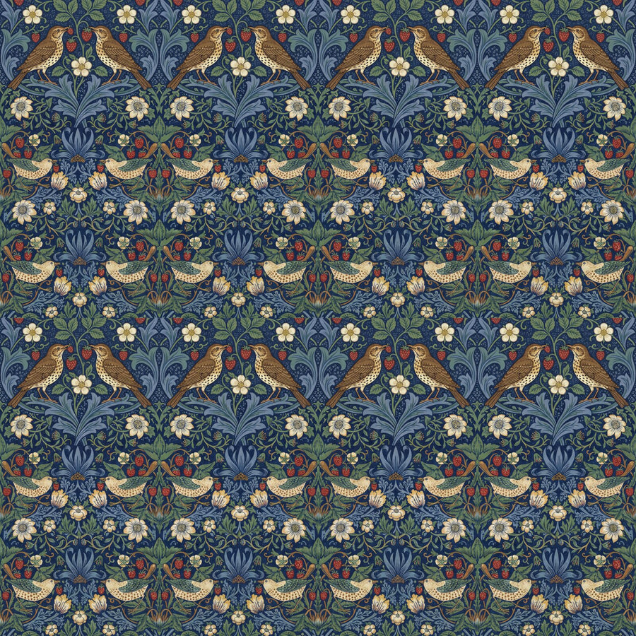 Immerse yourself in Morris's iconic Strawberry Thief. Indigo, madder red, and weld yellow dance in this Arts & Crafts masterpiece. Made to order.