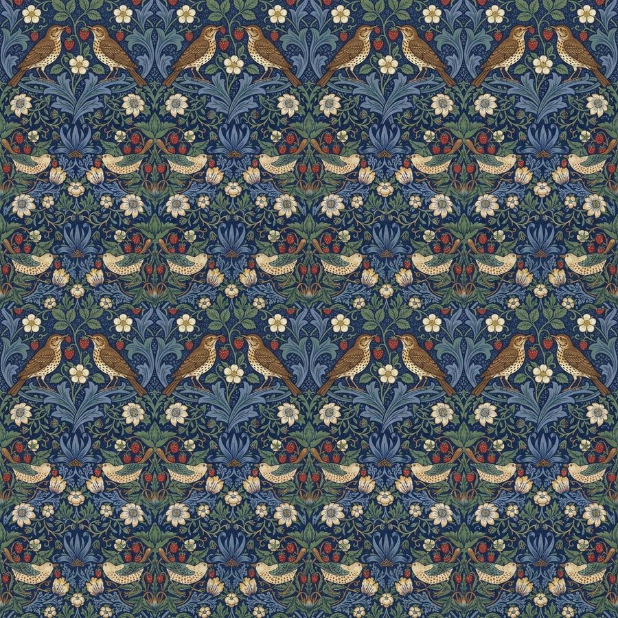 Immerse yourself in Morris's iconic Strawberry Thief. Indigo, madder red, and weld yellow dance in this Arts & Crafts masterpiece. Made to order.