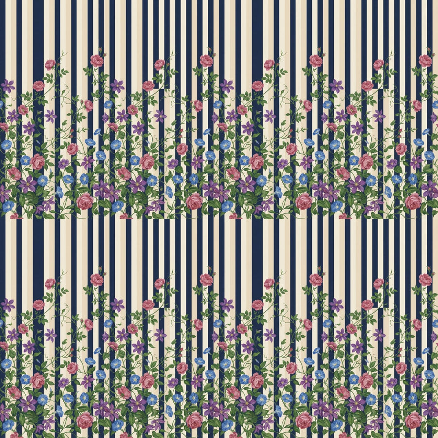 Bold vertical stripes meet climbing botanicals in a witty clash of design. Navy, cream, rose pink, and purple. Made to order.