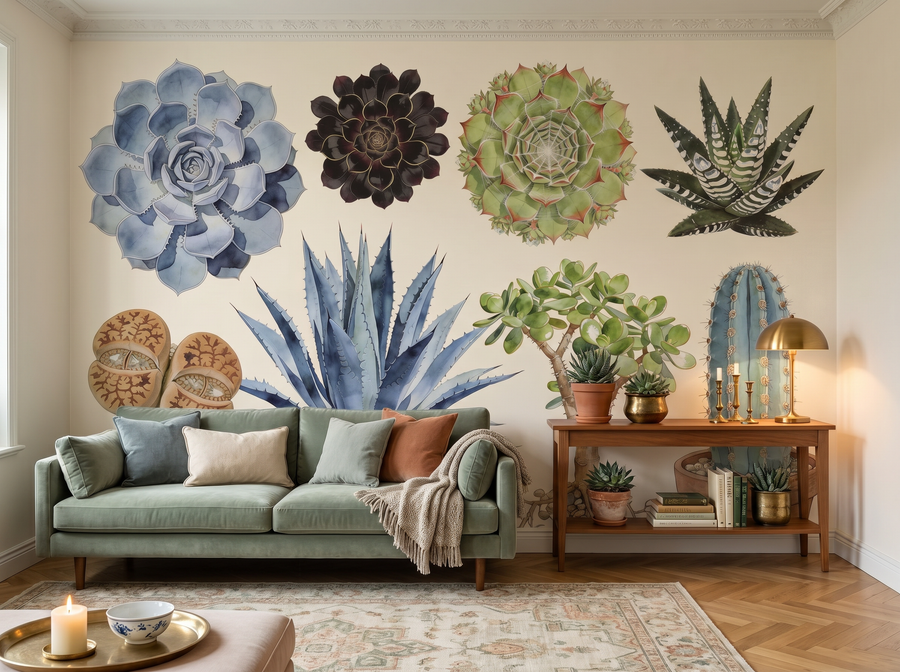 Succulent Collection scenic wallpaper mural on the feature wall of an English-country bathroom, in a cool blue palette — The Wall Shawl.