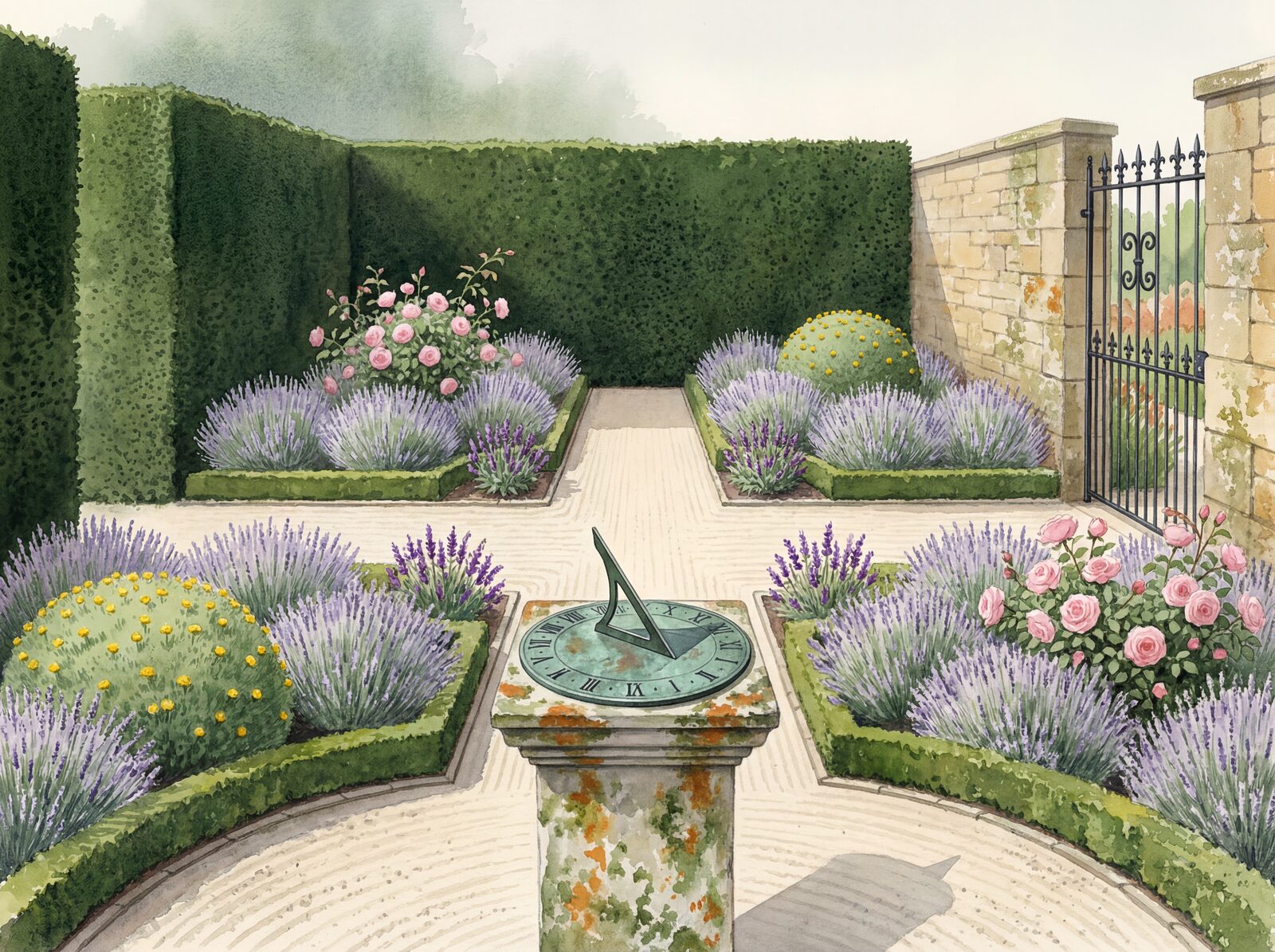 Scenic mural wallpaper featuring a serene English garden with Yew, Lavender, and Old Rose hues. Made to order.