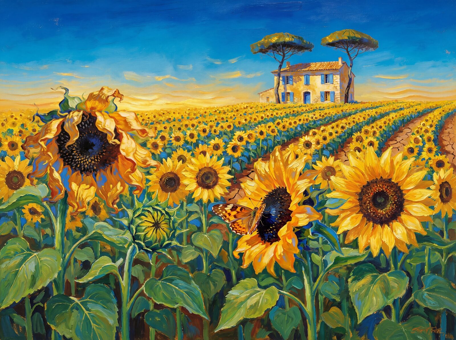 Immerse yourself in a blazing field of golden sunflowers under a cerulean sky. Warm yellows, deep browns, and vibrant greens. Made to order.