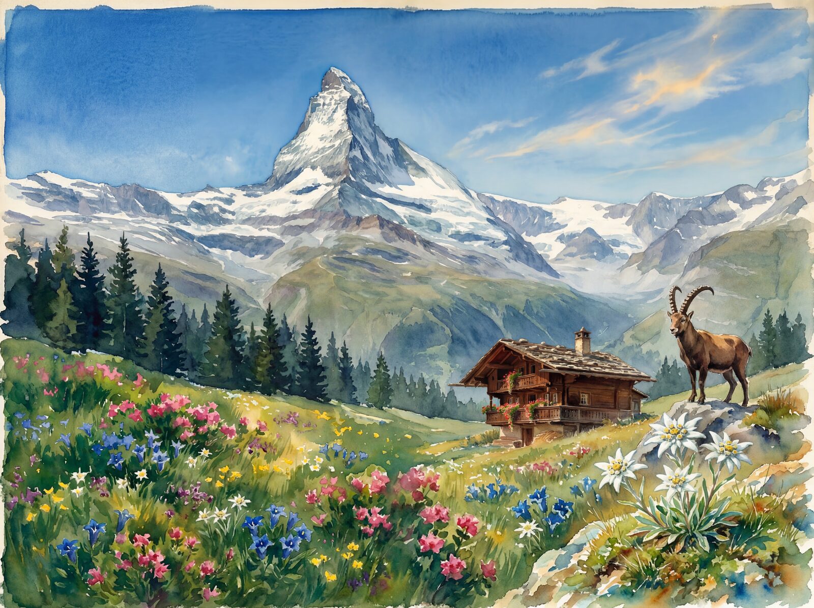 Scenic mural wallpaper with Glacier White, Fir Dark, and Alpine Rose hues. Made to order.