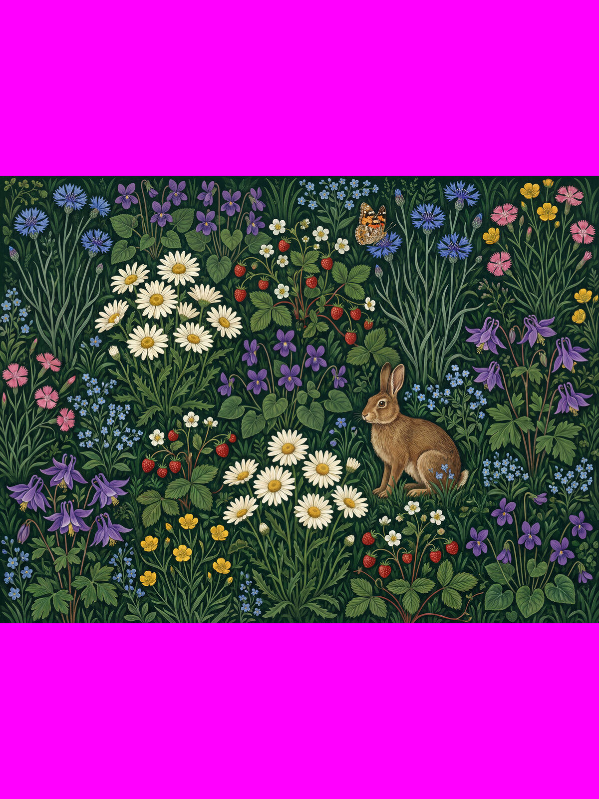 Step into an enchanted millefleur meadow with dark green, white, violet, and red hues. Made to order.