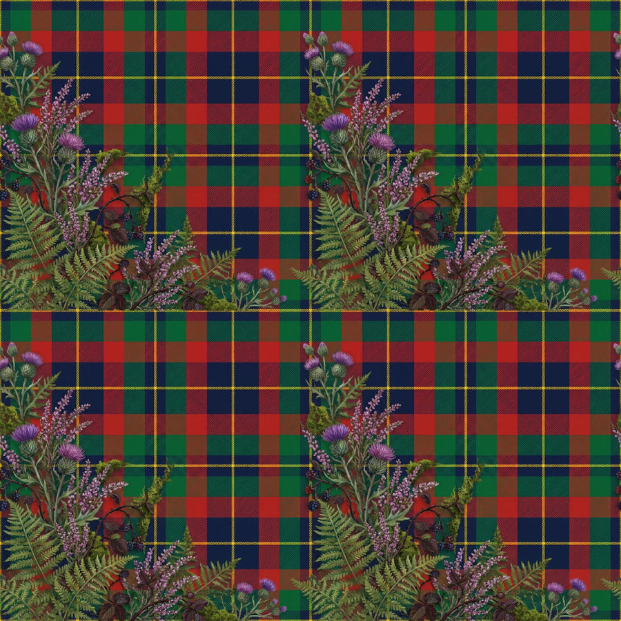 Experience a Scottish sporting lodge where tartan meets Highland flora. Featuring Tartan Red, Green, Navy, Yellow, Thistle Purple, Heather Pink. Made to order.