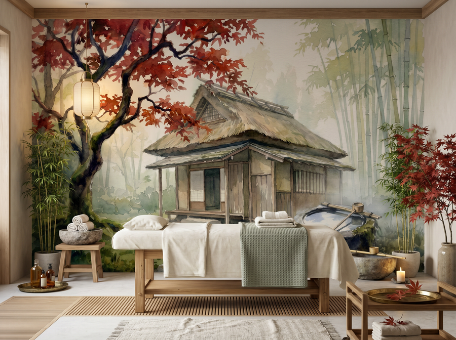 Tea House Garden — Chinoiserie Scenic Wallpaper Mural scenic wallpaper mural on the feature wall of a chinoiserie living room, in a verdant green palette — The Wall Shawl.