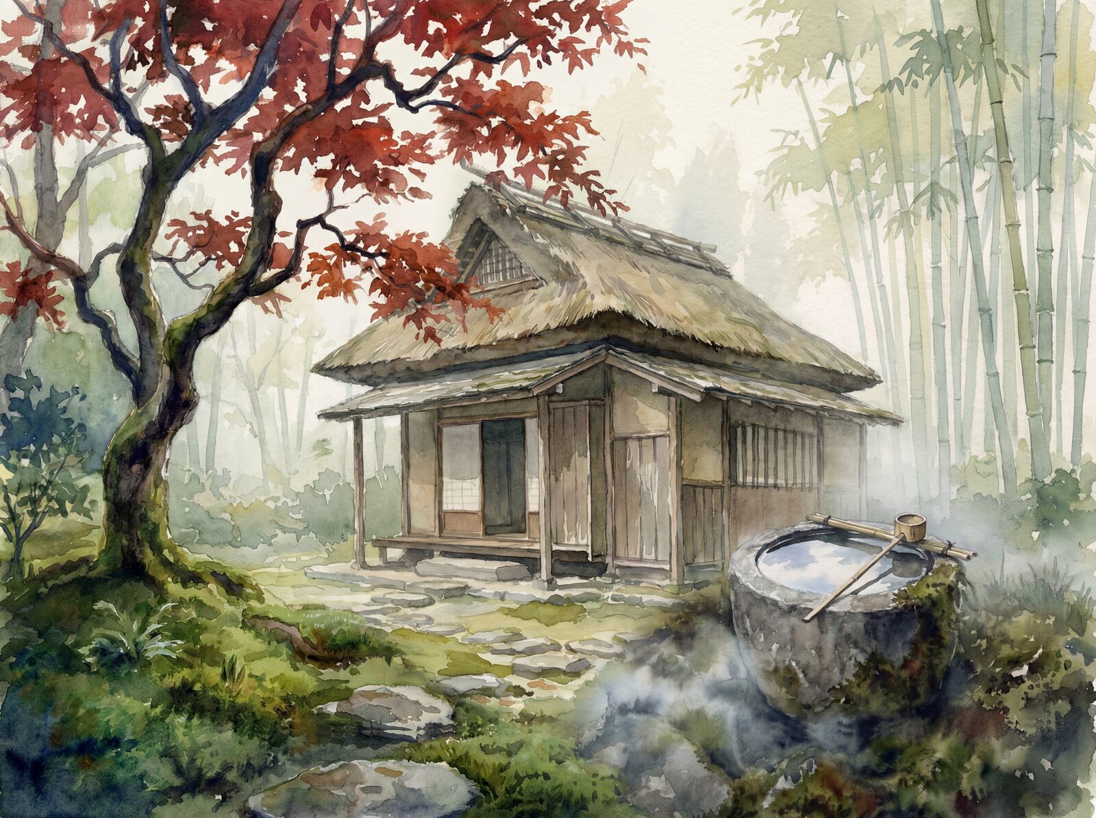 Chinoiserie scenic mural with moss, umber, and grey palette. Made to order.