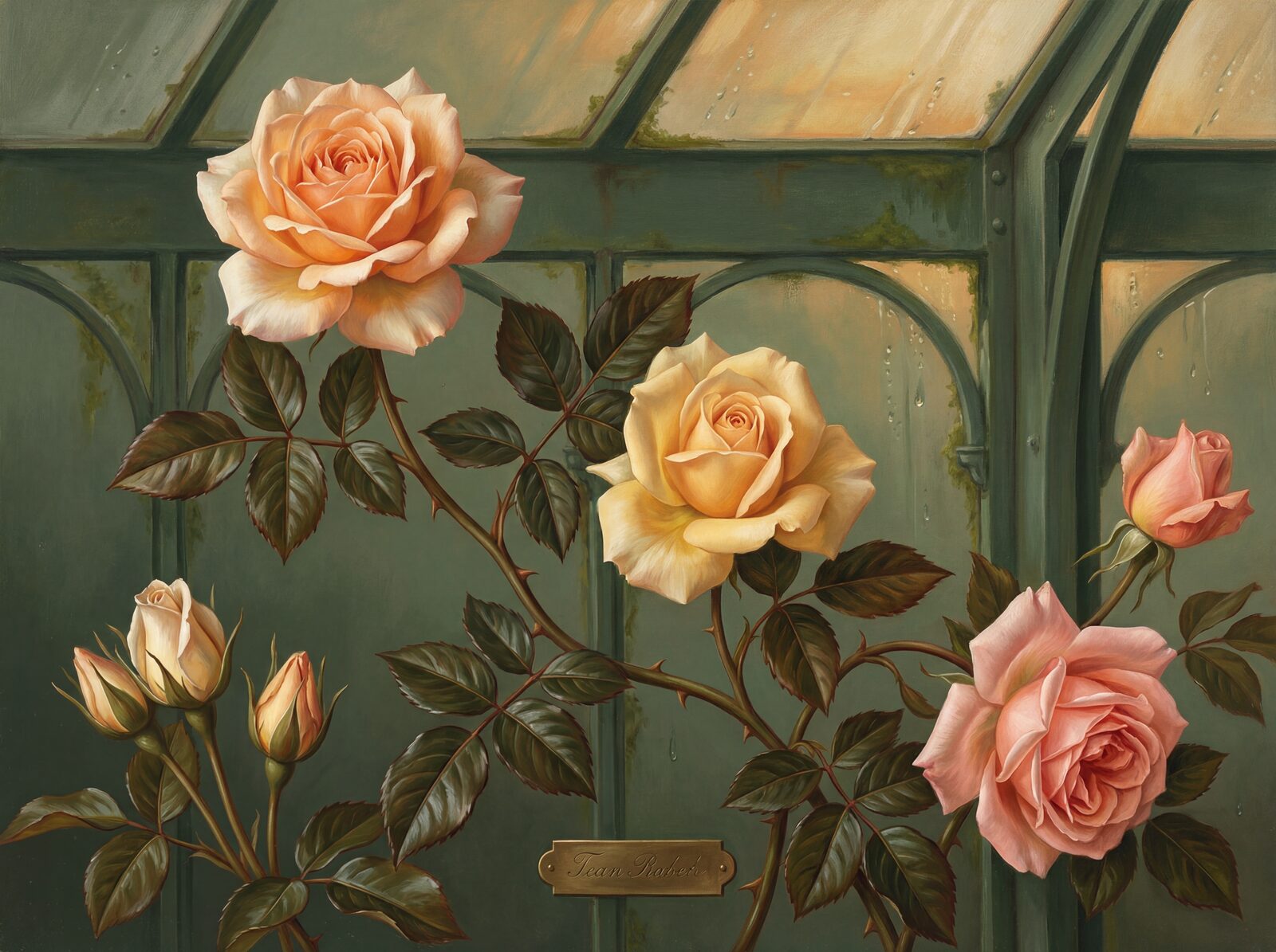 Step into a refined Victorian conservatory, awash with apricot, gold, and salmon tea roses against deep sage. Made to order.