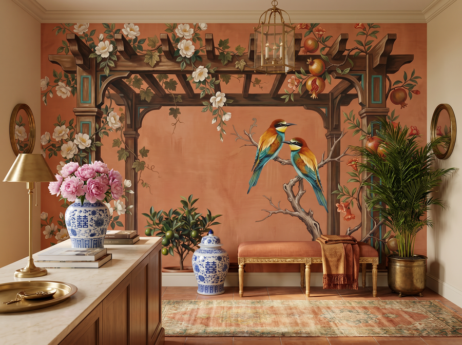 Terracotta Chinoiserie scenic wallpaper mural on the feature wall of a chinoiserie dining room, in a earthy terracotta-and-rust palette — The Wall Shawl.