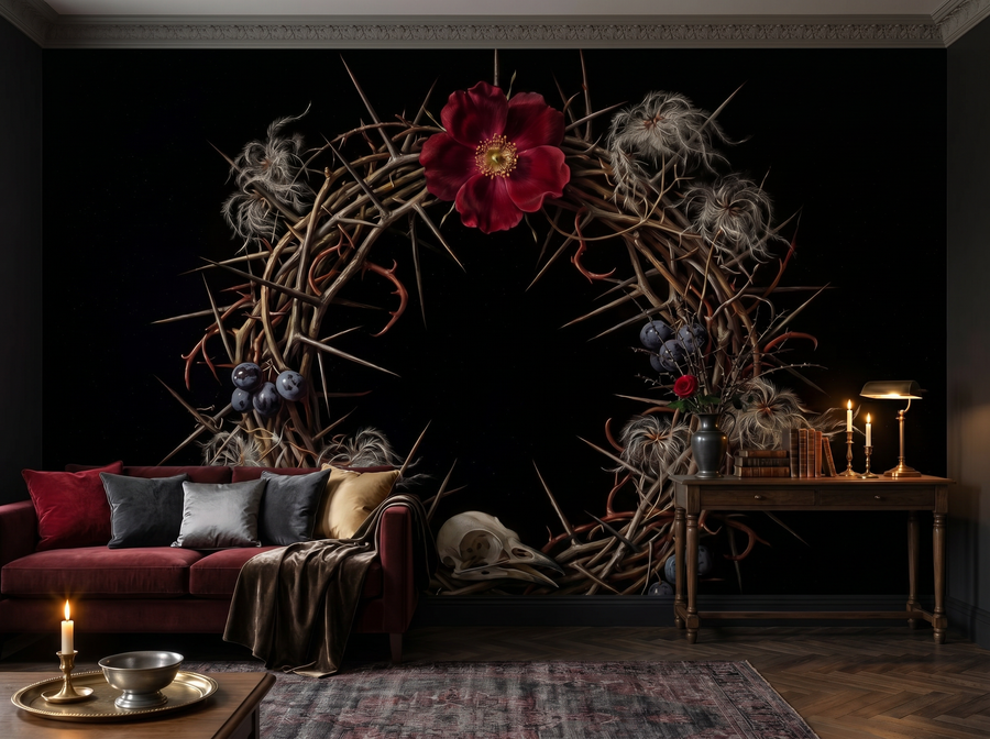 Thorned Crown scenic wallpaper mural on the feature wall of a dark-academia cloakroom, in a moody black-and-charcoal palette — The Wall Shawl.