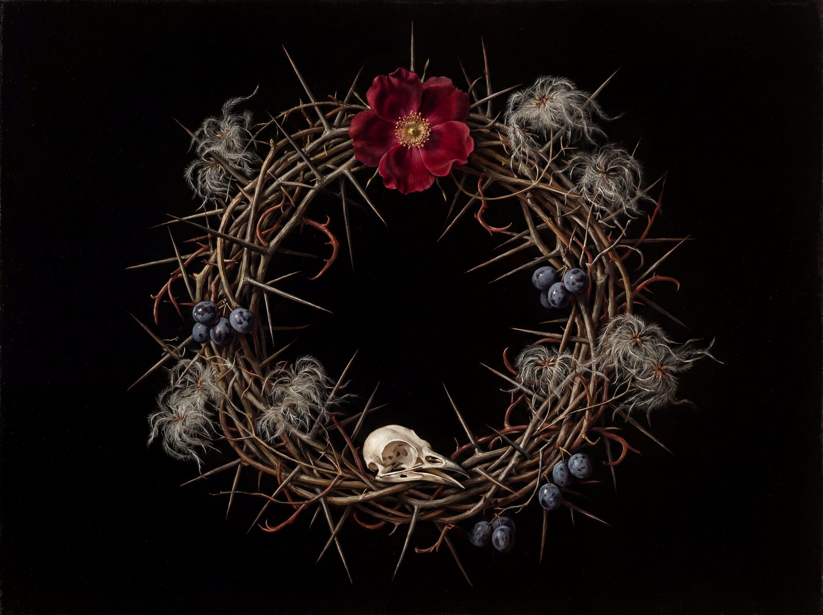 A profound botanical study featuring a thorn wreath, crimson rose, and bird skull. Rich, near-black palette with deep reds and gold. Made to order.