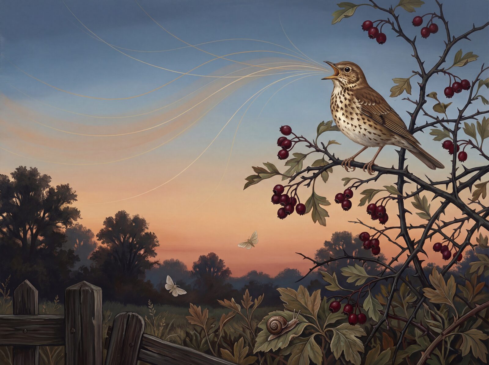 Immerse yourself in the musical dusk with our Thrush Song mural. Featuring a warm brown thrush against a blue-grey, sunset-kissed sky. Made to order.