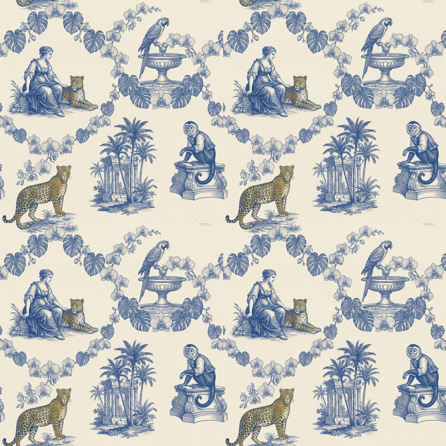 Experience toile de Jouy reimagined with tropical flora and fauna in Toile Blue, Jungle Green, and Leopard Gold. Made to order.