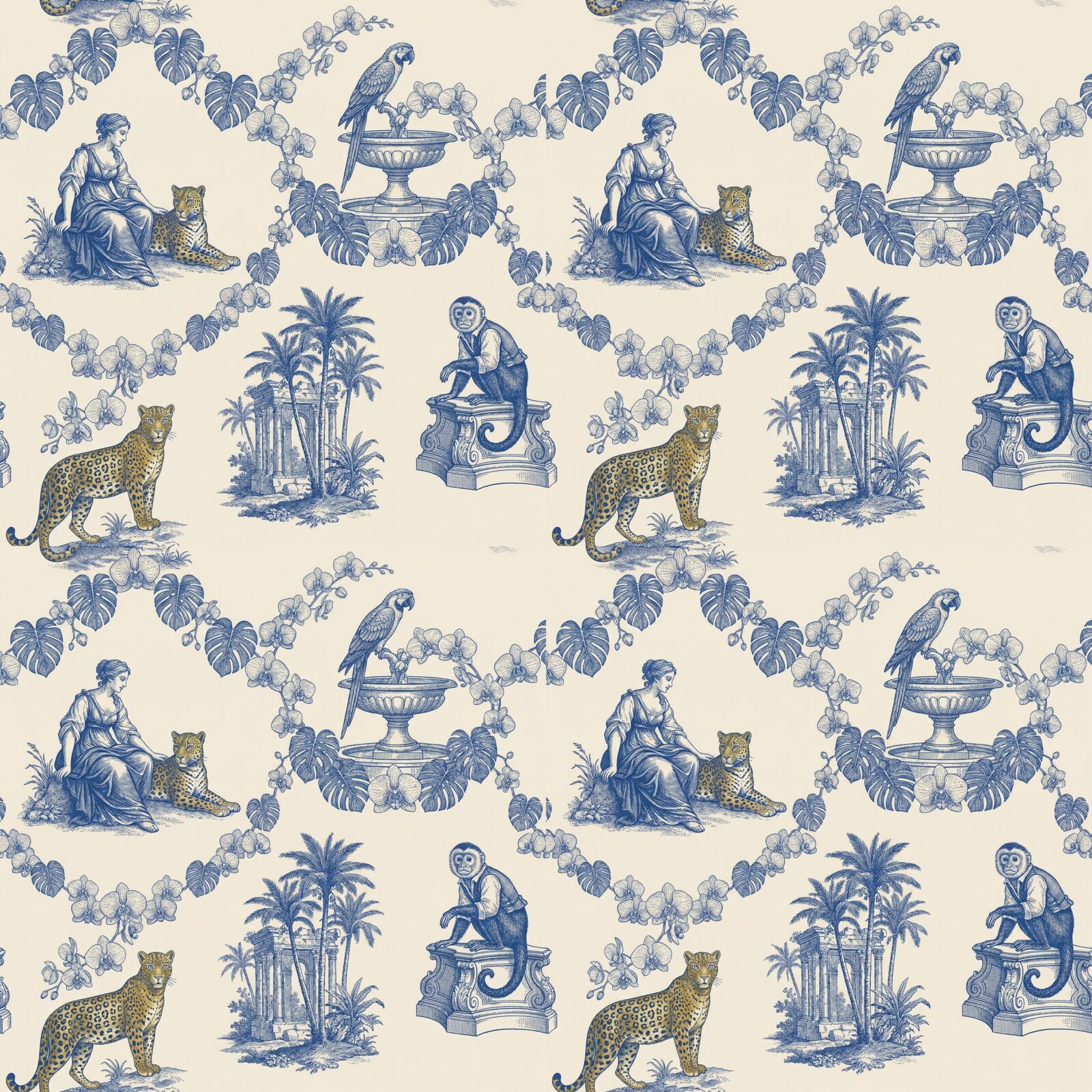 Experience toile de Jouy reimagined with tropical flora and fauna in Toile Blue, Jungle Green, and Leopard Gold. Made to order.