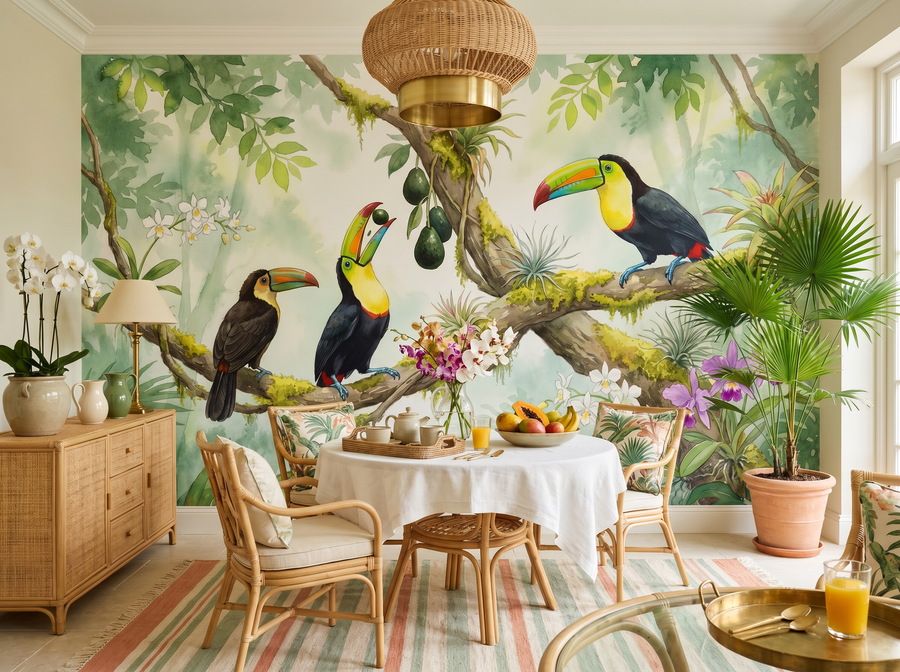 Toucan Family scenic wallpaper mural on the feature wall of an English-country kitchen, in a verdant green palette — The Wall Shawl.