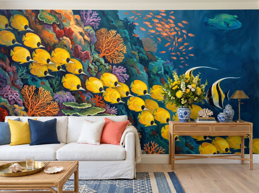 Tropical Fish School scenic wallpaper mural on the feature wall of a tropical living room, in a golden yellow-and-ochre palette — The Wall Shawl.