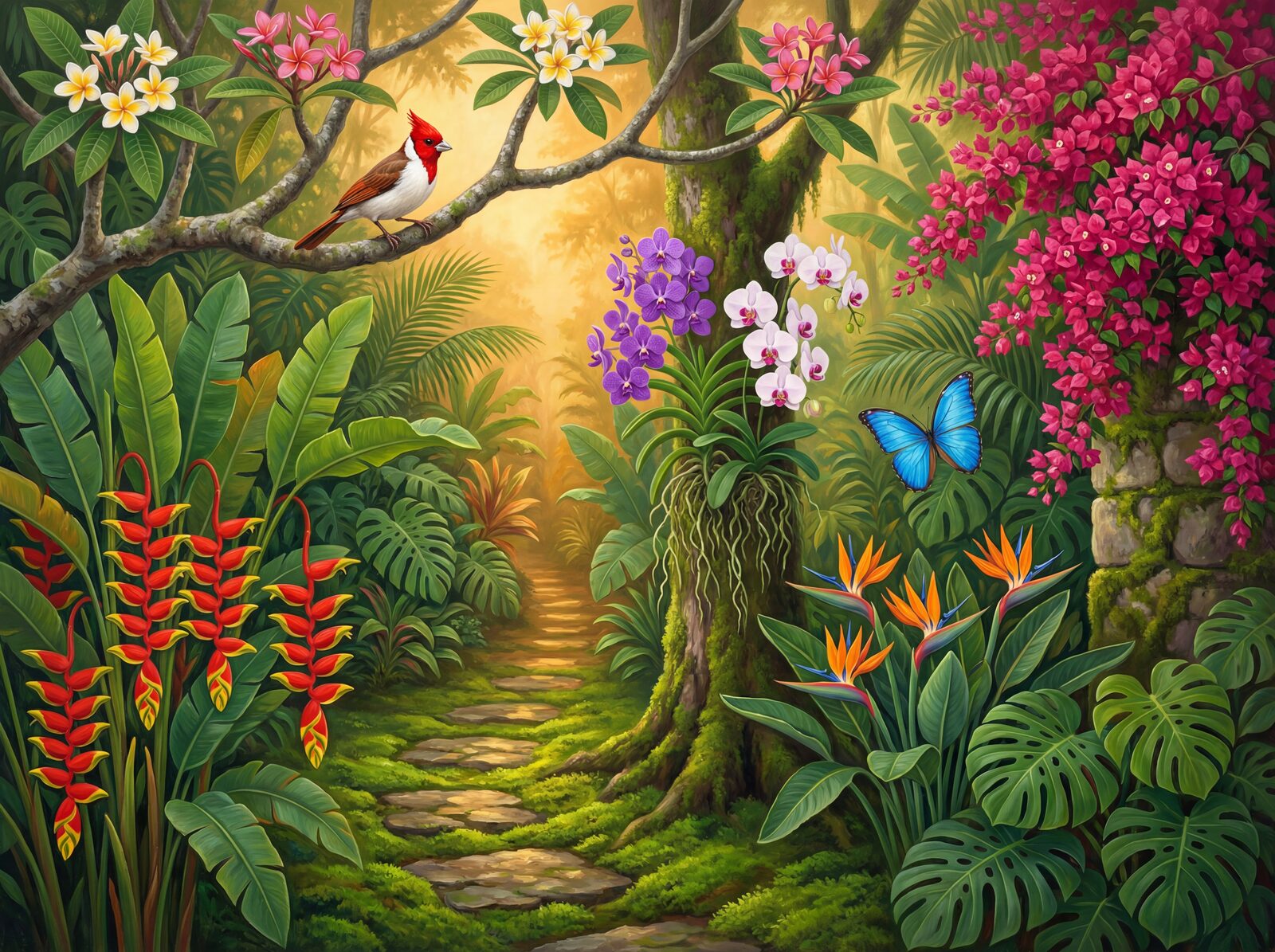 Vibrant tropical garden scene with Heliconia Red, Bird-of-Paradise Orange, and lush greens. Made to order.