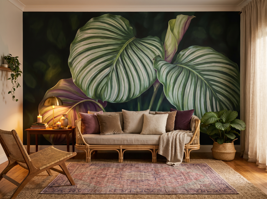 Tropical Leaf Wall wallpaper mural styled in a Tropical Living Room, Tropical, Greens palette.