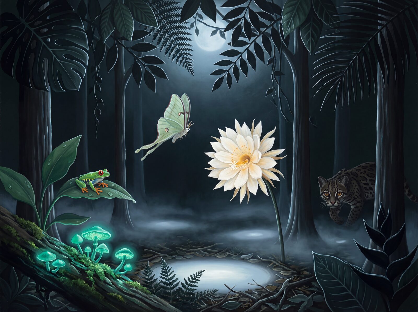 Immersive jungle scene with Jungle Night, Moonlight Silver, and Bioluminescent Teal hues. Made to order.