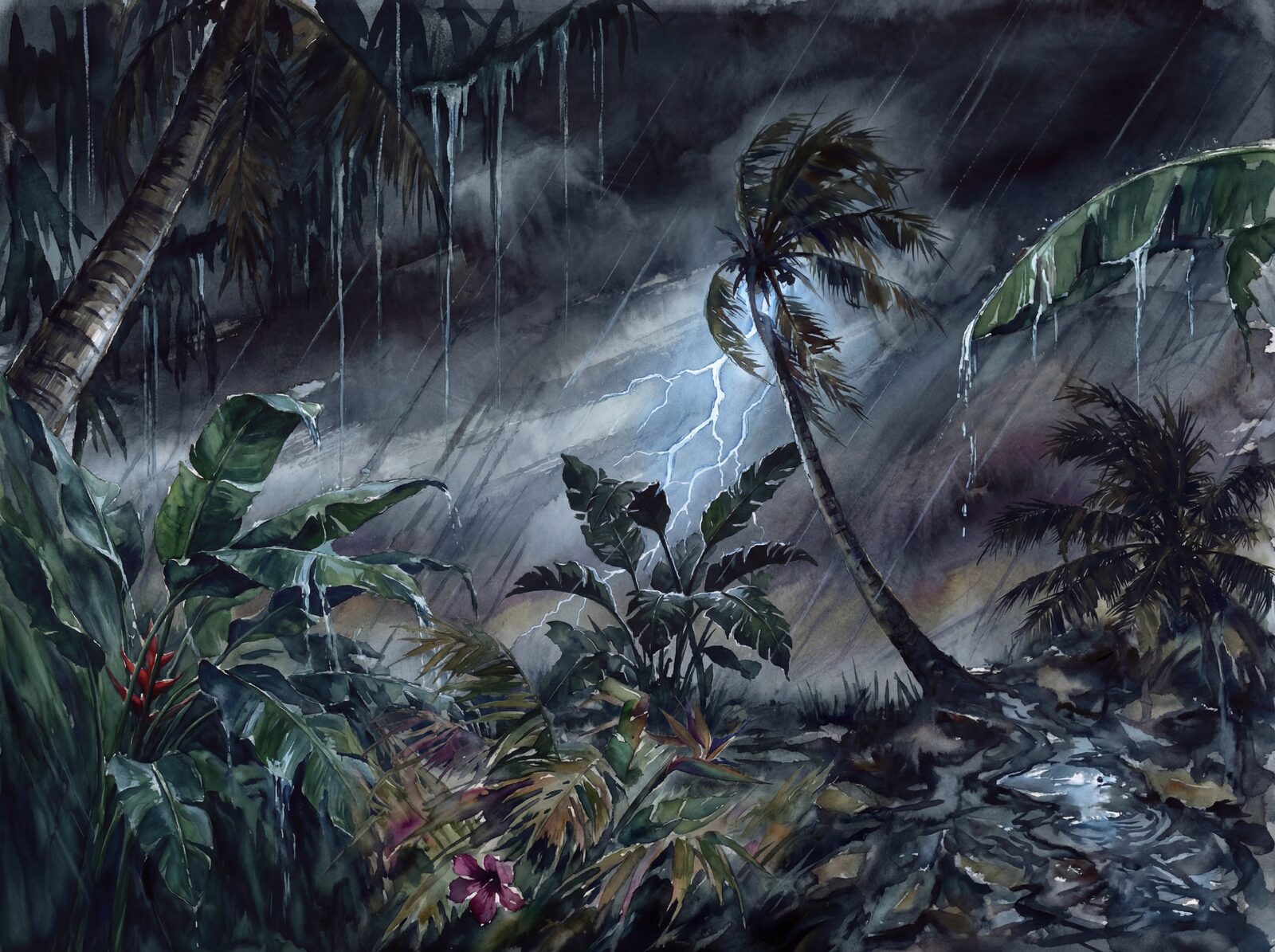 Immerse in a tropical downpour with Storm Black, Rain Curtain, and Palm Bent hues. Made to order.
