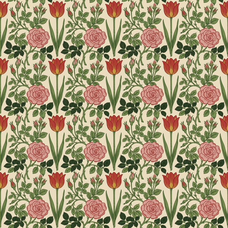 Morris's iconic Tulip and Rose pattern in warm cream, red, pink, and green hues. Made to order for your space.