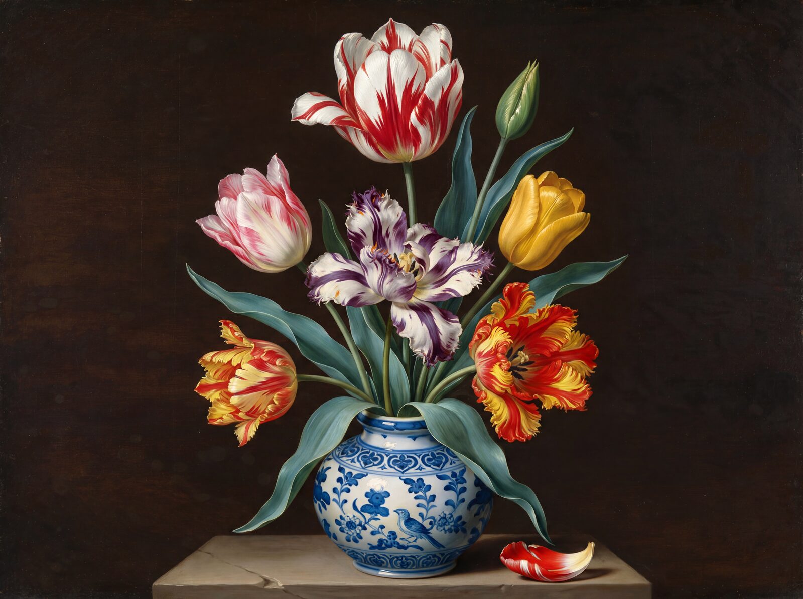 Witness the obsessive beauty of Tulip Mania. A dramatic arrangement of prize tulips in red, purple, yellow, and white against a profound dark ground. Made to order.