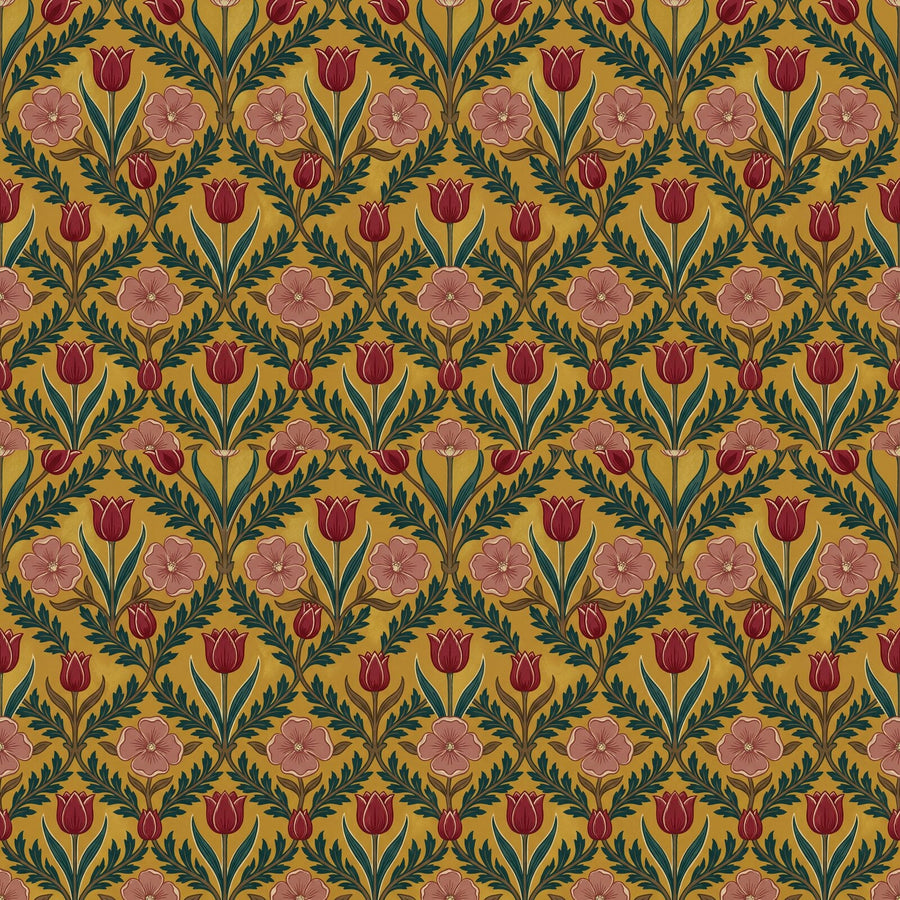 Morris's Tulip & Rose pattern reimagined on a rich mustard-ochre ground with crimson and teal. Made to order.