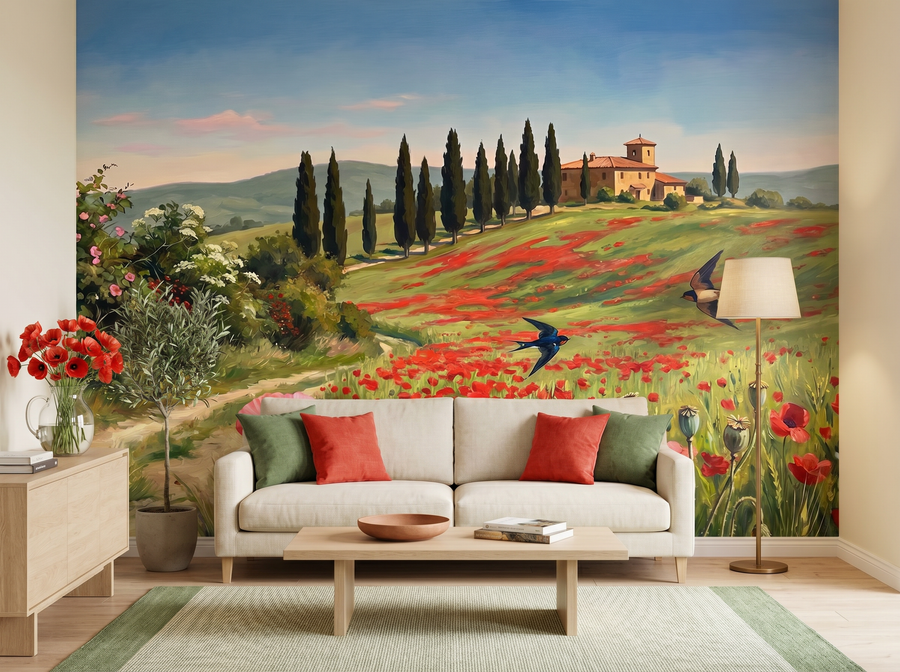 Tuscan Poppy Field scenic wallpaper mural on the feature wall of an English-country living room, in a verdant green palette — The Wall Shawl.