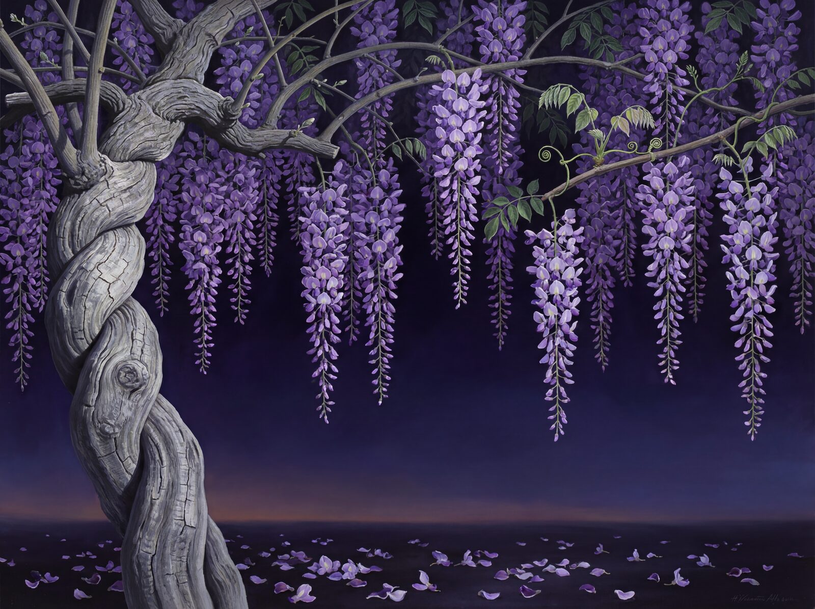 Experience the brief, beautiful bloom of wisteria at twilight in deep purples and greens. Made to order.