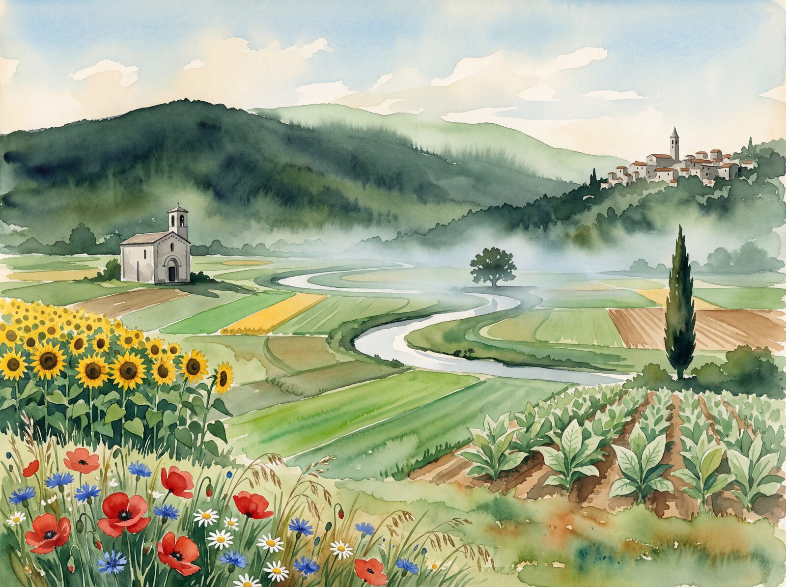 Scenic mural wallpaper with Umbrian Green, Sunflower Gold, and River Silver tones. Made to order.