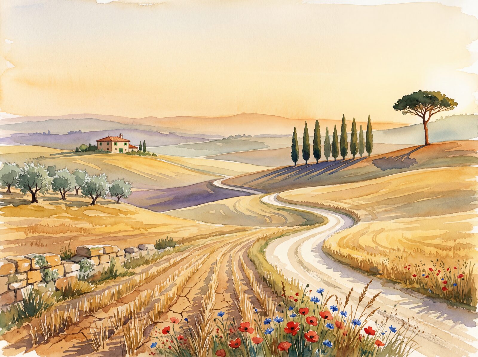 Scenic mural wallpaper in warm tones. Made to order.