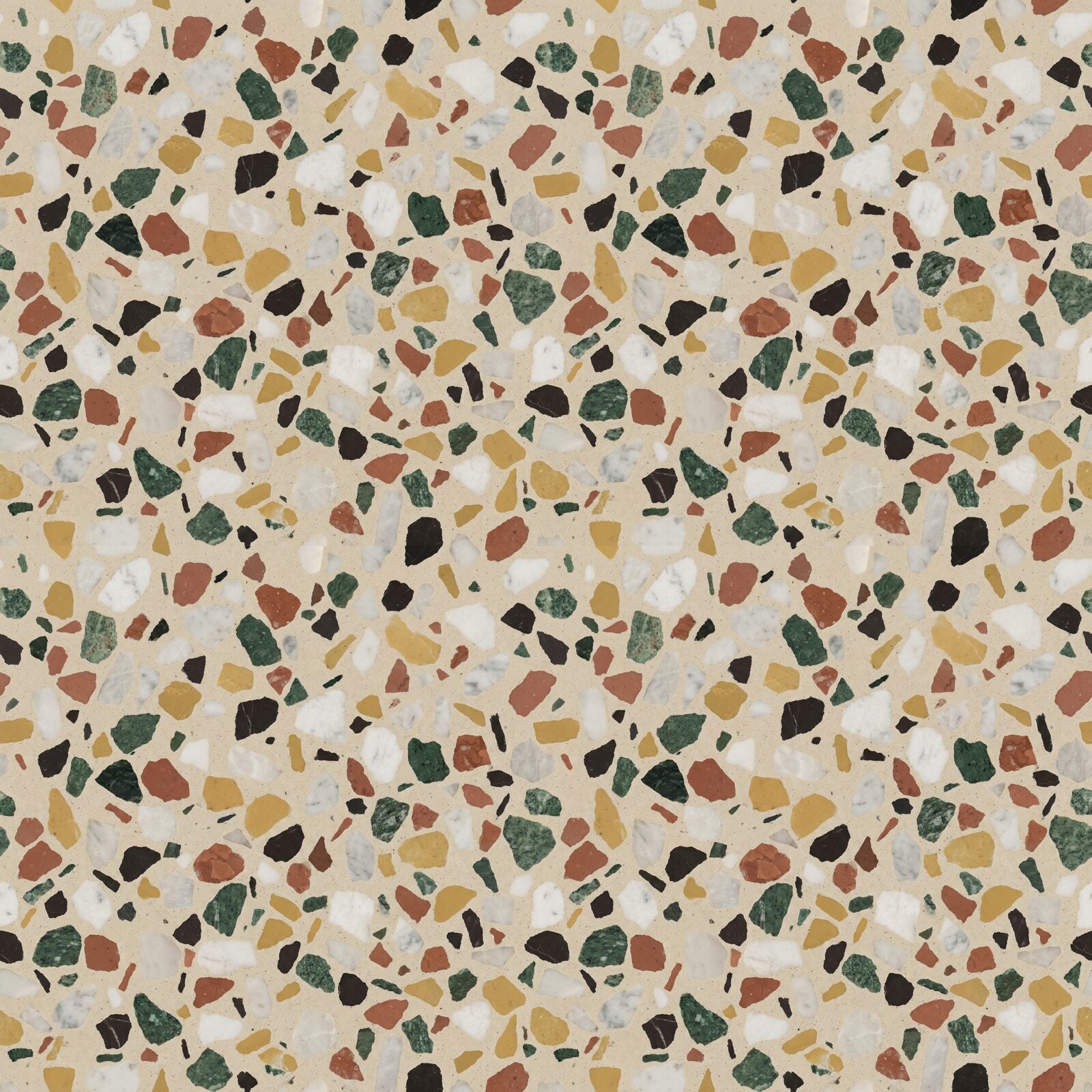 Experience the timeless beauty of Venetian Terrazzo, a Heritage Patterns mural featuring cream, red, green, black, and yellow marble chips. Made to order.