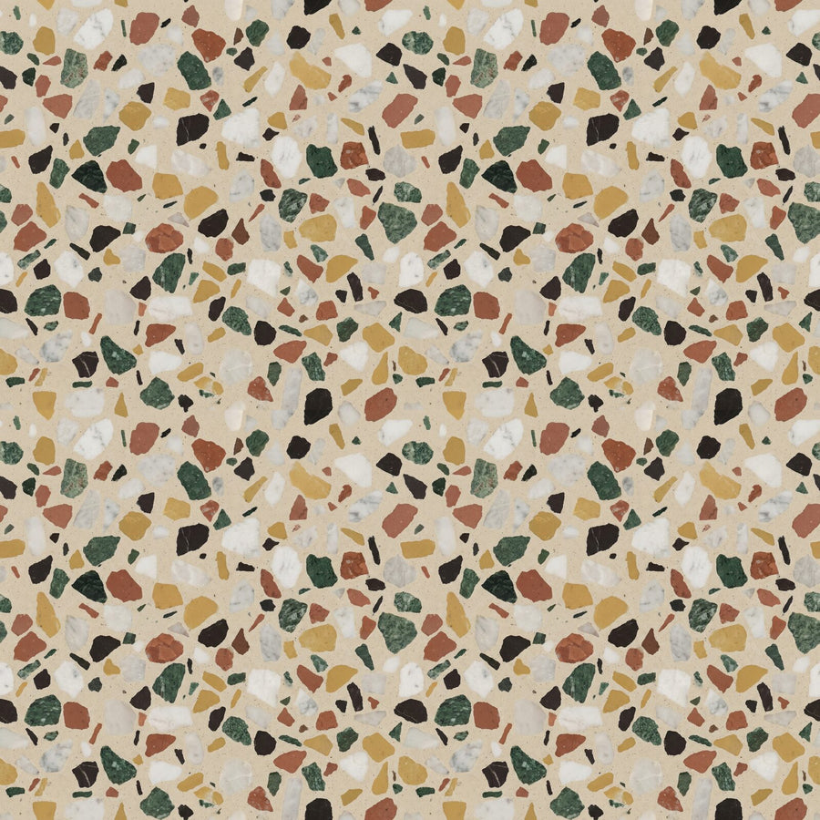 Experience the timeless beauty of Venetian Terrazzo, a Heritage Patterns mural featuring cream, red, green, black, and yellow marble chips. Made to order.