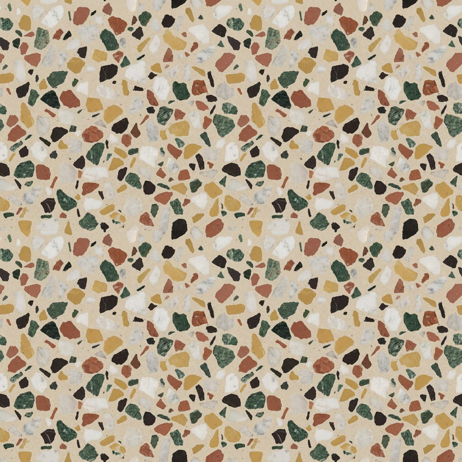 Experience the timeless beauty of Venetian Terrazzo, a Heritage Patterns mural featuring cream, red, green, black, and yellow marble chips. Made to order.
