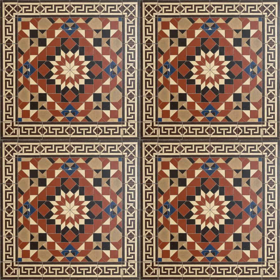 Step onto a rich Victorian encaustic tile floor with this warm, ordered pattern wallpaper in red, black, cream, and buff. Made to order.