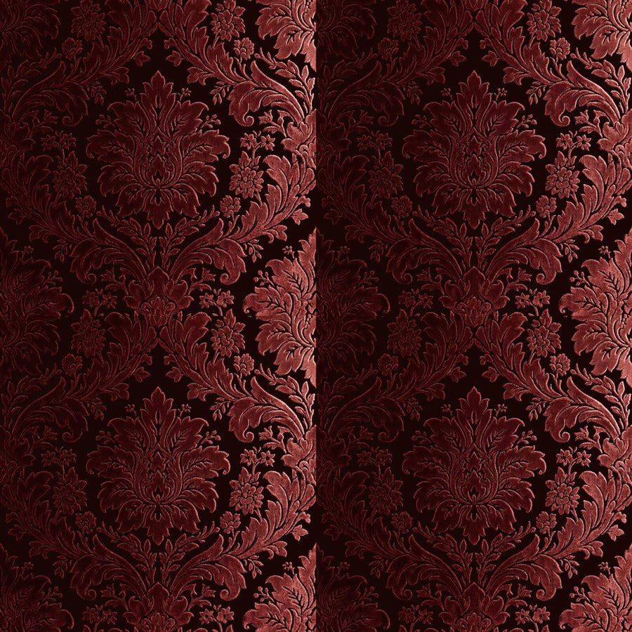 Experience the opulent tactility of Victorian Flocked Damask in Oxblood and deep reds. Made to order.