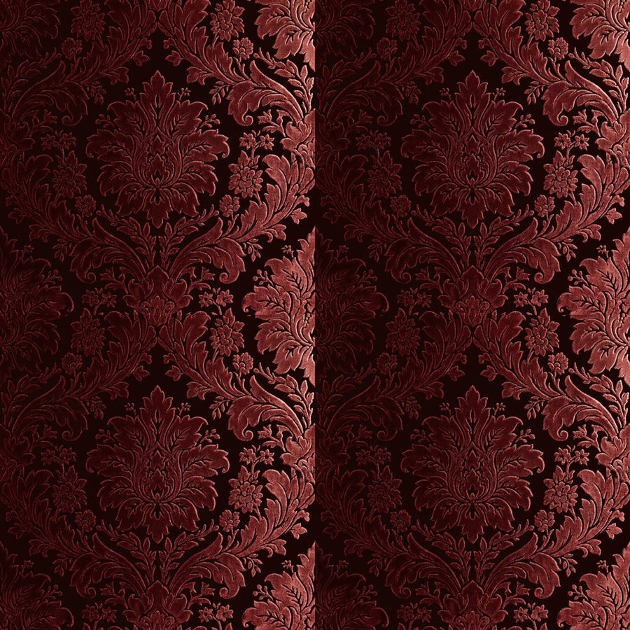 Experience the opulent tactility of Victorian Flocked Damask in Oxblood and deep reds. Made to order.