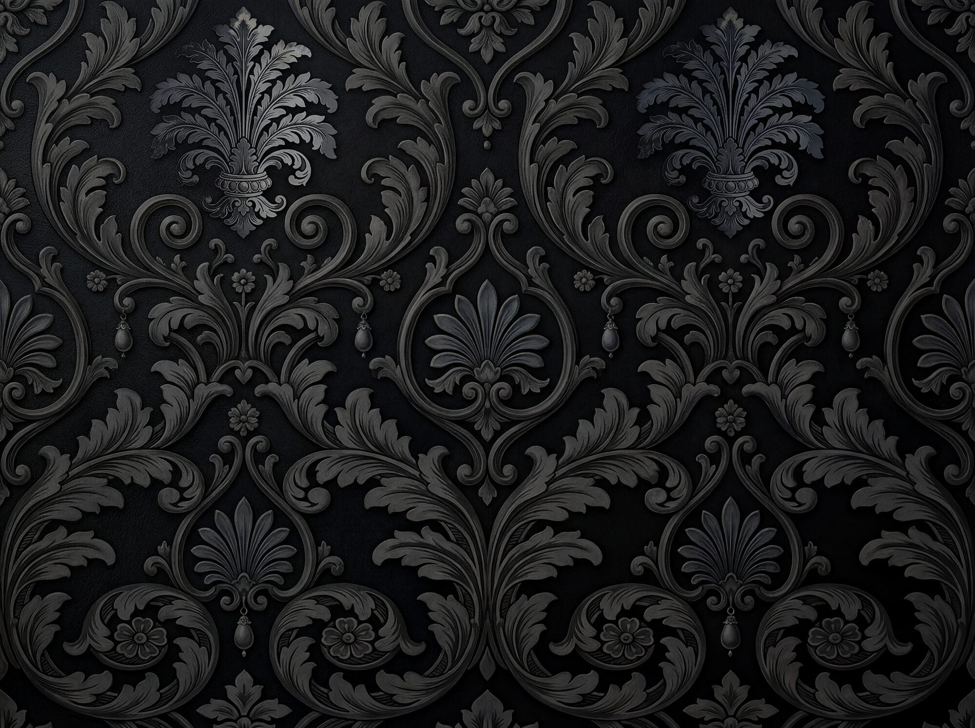 Victorian Revival tone-on-tone damask mural wallpaper — monumental charcoal-black acanthus scrolls, palmette crowns and anthemion motifs rendered in near-invisible relief on a deep charcoal ground