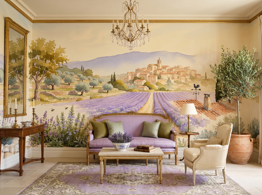 Views of Provence scenic wallpaper mural on the feature wall of a Mediterranean dining room, in a soft grey palette — The Wall Shawl.