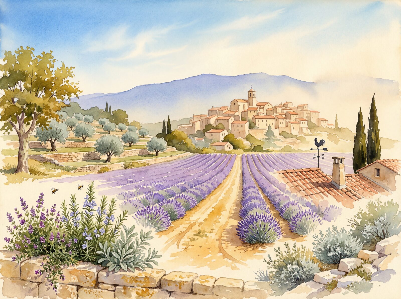Scenic mural wallpaper with warm palette. Made to order.