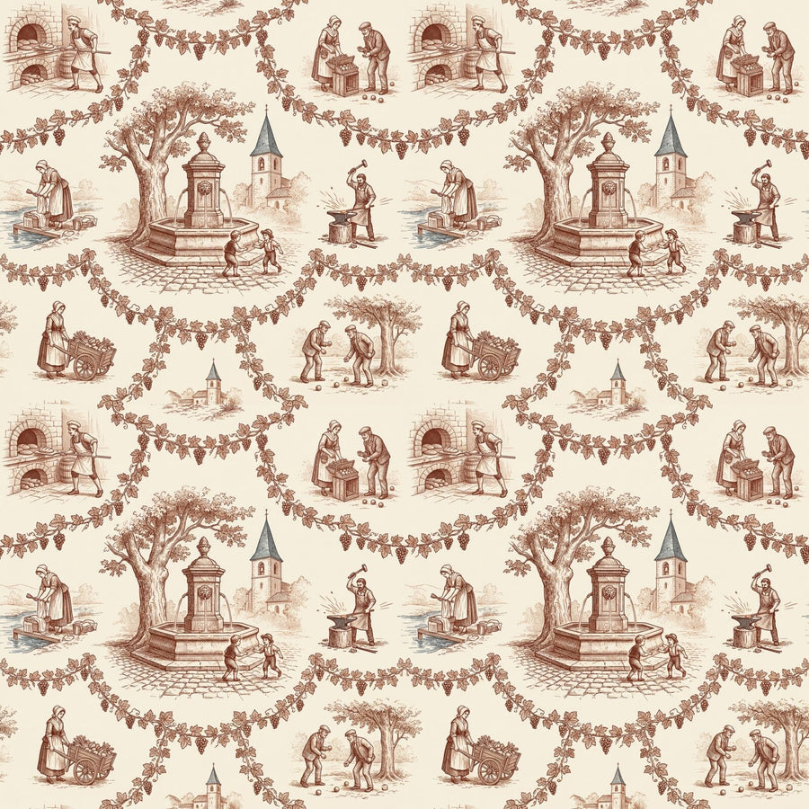 Experience the warmth of a French village with this toile mural. Rust tones on French cream. Made to order.