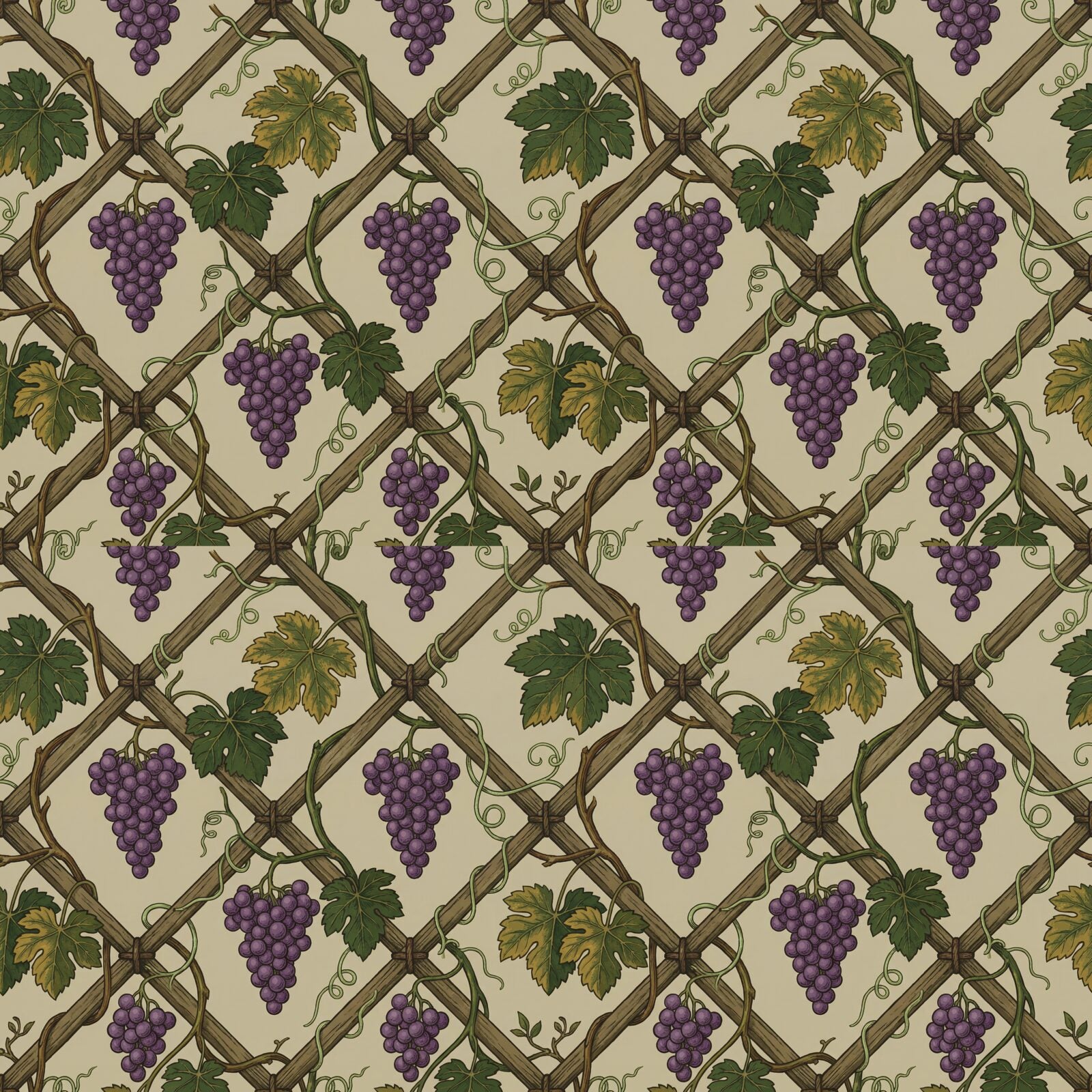 Experience the verdant embrace of a walled garden. Warm sage, deep greens, and grape purple intertwine on a structured trellis. Made to order.